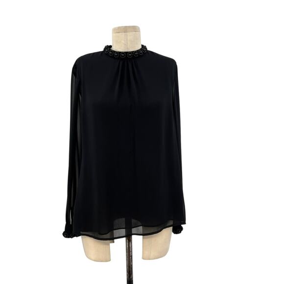 Ted Baker Klaree Top Blouse Beaded Jeweled Neckline Sheer Black Size 3 US 8 - Picture 1 of 12